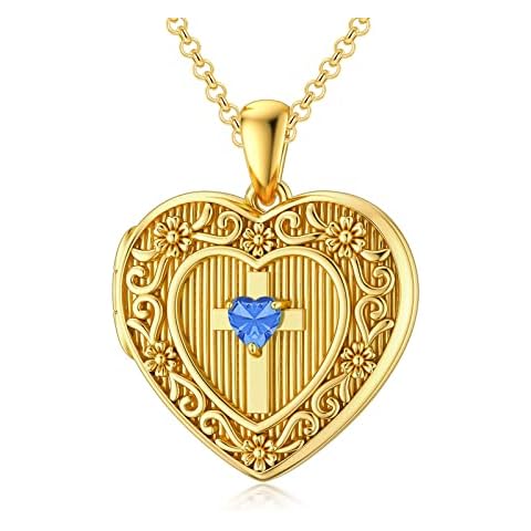 SOULMEET 18K Plated Gold Cross Birthstone September Simulated Sapphire Locket Necklace That Holds 1 Picture Photo Locket Gift (Locket only) Cover