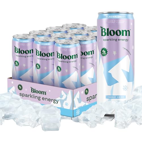 Bloom Nutrition Sparkling Energy Drink - Natural Caffeine, Zero Sugar, 180mg - Antioxidant-Rich with Green Coffee Bean, Green Tea Extract, Prebiotics - Glacier Crush - 12oz 12 Pack