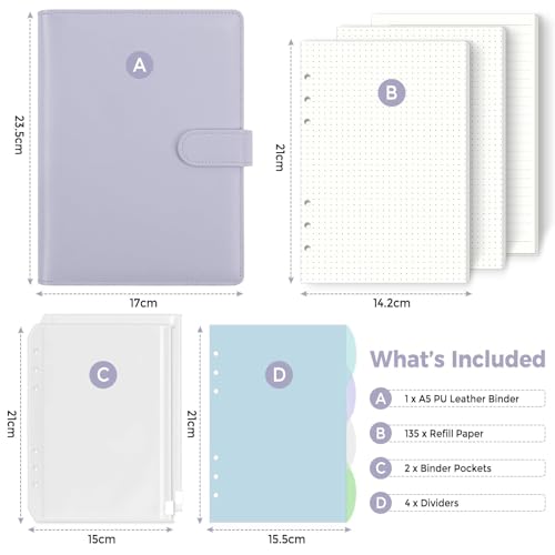 SKYDUE A5 Ringbuch, Ringbuch A5 Nachfüllbar,135 Blätter Nachfüllpapier, Notizbuch Mit Bindertaschen, a5 Binder Für Schulnotizen Und Reisetagebücher (Hellviolett)