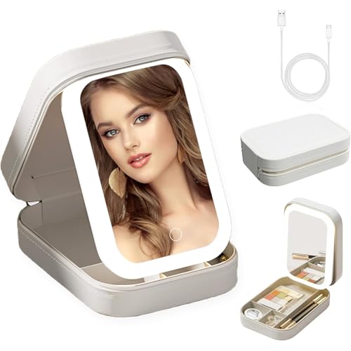 Image of LED Makeup Box with Adjustable Light-Up Mirror, 3 Color Light Settings, Dust-Proof Cosmetic Case, Jewelry Organizer and Multi-Compartment Storage Box for Women (White)