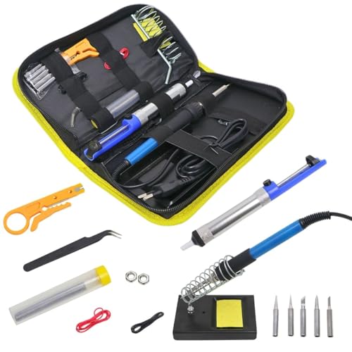 Kit de Solda Elétrica Profissional 60W 220V - 14 - Peças Soldagem para Componentes Eletrônicos - Suporte - Sugador - Estanho - Acessórios em Estojo