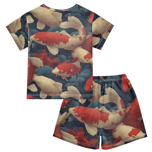 Pajama Short Sets Koi Fish Pattern Print Soft Cotton Summer Sleepwear 2 Piece PJS Size 5-14T2