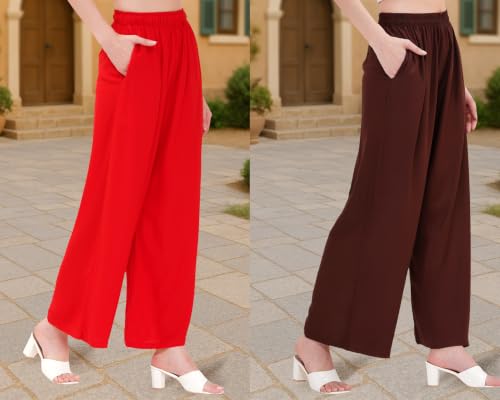 Image of Buy That Trendz Palazzo Pants for Women Rayon Elasticated Regular Fit Flared Wide Leg M to 6XL Pack of 2