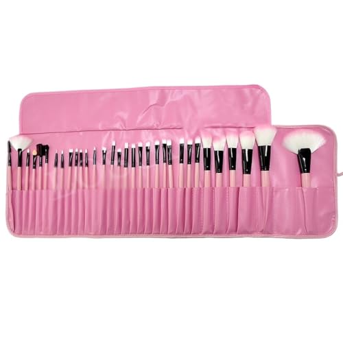Pinceaux de maquillage haut de gamme 32 pièces en bois noir et rose sous étui en cuir rigide