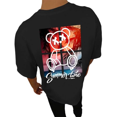 Tee Shirt Homme Oversize Manches Courtes Ours Imprimé T-Shirt Col Rond Cool Hip Hop Hauts Y2K Vintage Été Streetwear Vêtements - New York，Life is A Hurry，Dont Miss The Sunset