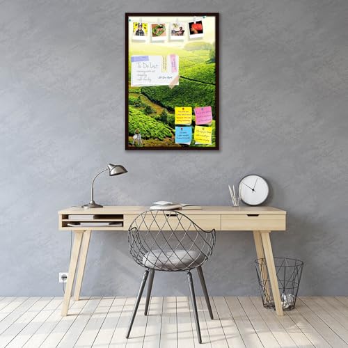 Image of ArtzFolio Tea Plantations, Munnar, Kerala | Bulletin Board Notice Pin Board | Vision Soft Board Combo with Thumb Push Pins & Sticky Notes | Dark Brown Frame | 12 x 18 inch (30 x 46 cms)
