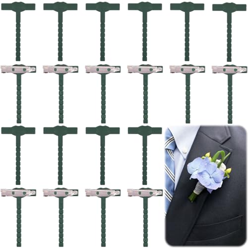 Verdial 20pcs Green Boutonniere Holder Pins T-Shape Boutonniere Safety Pins Tiny Corsage Clip Plastic Brooch Supplies for Wedding Bride Groom