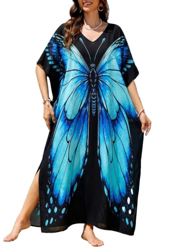 Image of sunforyou Kaftan Dresses for Women Plus Size Lightweight Swimsuit Cover up Batwing Sleeve Print Loungewear Beach Robe