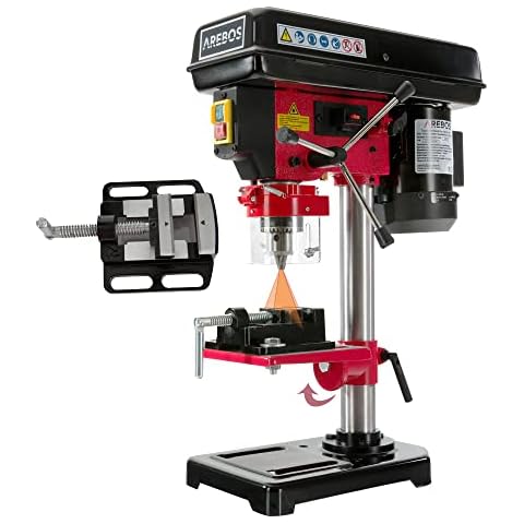 Arebos Tischbohrmaschine | Säulenbohrmaschine | mit integriertem Positionslaser | 500 W | inkl. 13 mm Zahnkranzbohrfutter und Schraubstock | 5 Geschwindigkeitsstufen | 0 - 45 Grad Neigungswinkel Cover