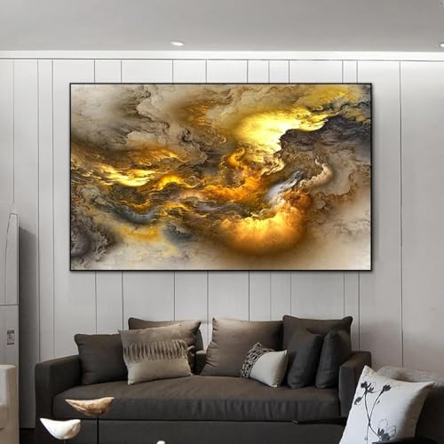 Affiche d'art mural abstrait moderne et peinture sur toile de nuages dorés