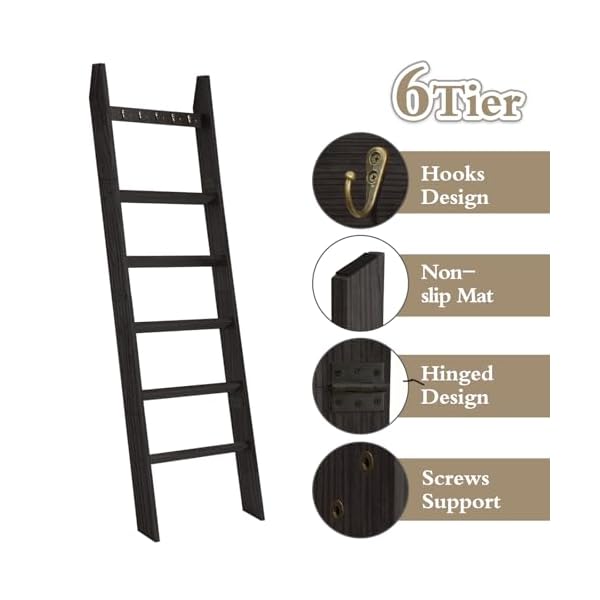 Teakmama 6 tier blanket ladder with hooks 54 ft wall leaning blanket ladders for living room rustic decorative ladder for blankets quilts farmhouse decor ladder shelf easy to assemble black  urban country home decor