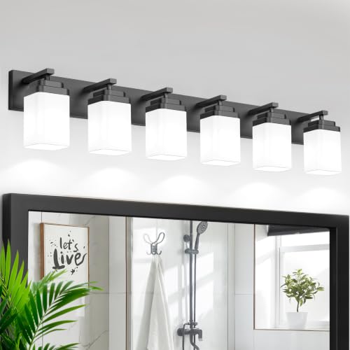 Image of Matte Black Bathroom Light Fixtures, 6 Lights Bathroom Lighting Fixtures Over Mirror, Square Design & Rectangle Large Backplate, Modern Vanity Lighting Fixtures, for Living Room /Bedroom