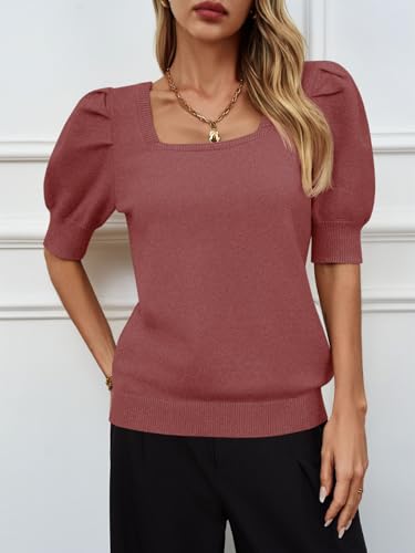 Image of Womens Puff Short Sleeve Sweater Tops Square Neck Casual Knit Pullover