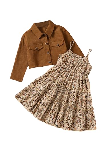 WDIRARA Girl's 2 Piece Outfits Floral Cami Dress Button Down Corduroy Jacket Set
