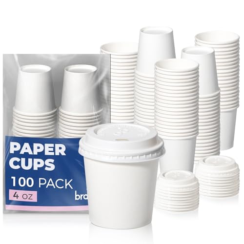 Fit Meal Prep 100 Pack 4 oz Disposable Coffee Cups with Lids, Premium To Go Paper Cups, Leak Proof Hot Coffee Cups for Travel, Office, Hot/Cold Beverages (White Lids)