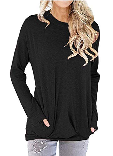 Unidear Women Casual Long Sleeve Round Neck Loose Blouses Tops with Pocket Black Large