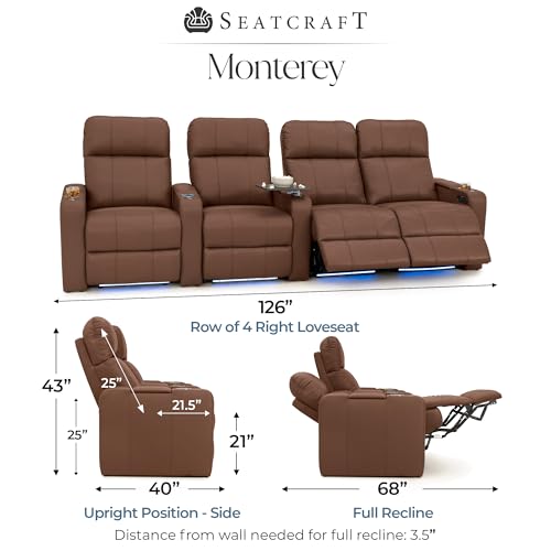 Image of Seatcraft Monterey Home Theater Seating Tobacco Row of 4 Right Loveseat | Italian Leather, Wall Hugger, Zero Gravity, Powered Headrest, Power Recline, Zero Gap, USB charging