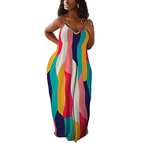 Image of BFFBABY Womens Summer Suspender Maxi Dress Plus Size Striped Printed Sleeveless with Pockets and Belt