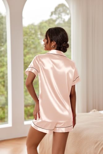 Image of Ekouaer Pajamas for Women Set Silk Satin Pjs Button Down Sleepwear Summer Loungewear Top and Shorts Lounge Set S-XXL