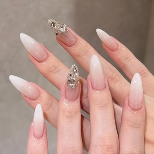 Image of 24 Pcs Press on Nails Pink White Ombre Fake Nails Rhinestone Nail Press ons Reusable Glossy Full Cover with Glitter Design Medium Almond False Nail for Women Manicure