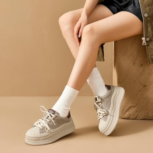 BEAU TODAY Platform Suede Sneakers for Women, Fashion Chunky Sneakers Women, Leather Tennis Ladies Shoes Comfortable, Retro Cute Lace-up Tennis Runnig Trainer Walking Shoes2