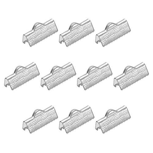 uxcell 100Pcs Ribbon End Crimp Clamps, 16mm Stripe Texture Pinch Cord End Clasps for DIY Bracelet Making, Silver White