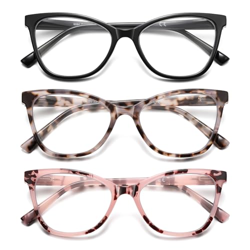 LKEYE Reading Glasses Women Cat Eye Blue Light Computer Readers Stylish Spring Hinge Designer Fashion Cute Eyeglasses LK6094 (3Pack,Black,Tortoiseshell,Pink +1.25 Strength)