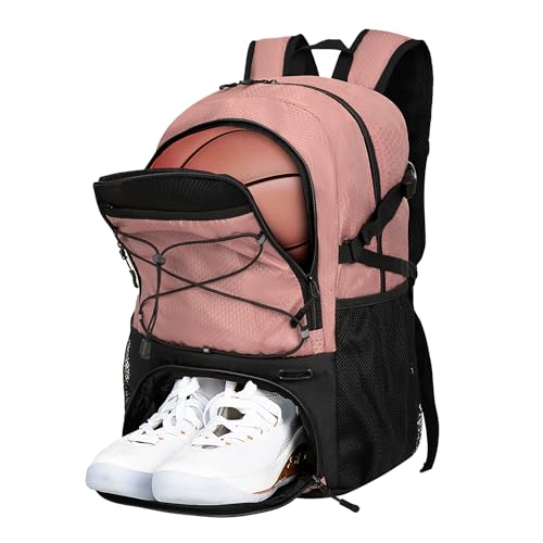Goloni 30L Sports Backpack with Ball Compartment & Ventilated Shoe Pocket Waterproof Lightweight Basketball Soccer Volleyball Bag for Youth Boys Girls Men Women Pink