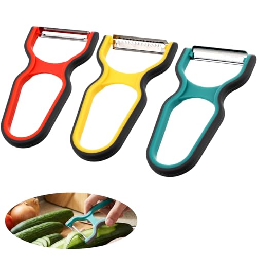3 Stück Sparschäler Edelstahl Y-Schäler für Küche, Gerade Gezahnte Klinge und Reibeklinge Sparschäler für Obst Gemüse Kartoffelschäler Multifunktionale Küchenutensilien (Rot, Gelb, Grün)