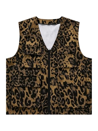 Verdusa Men's Leopard Print Zip Up Cargo Vest Sleeveless V Neck Jacket Outerwear Multicolor Large