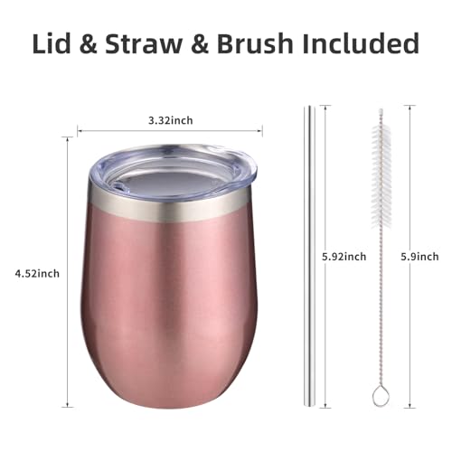 Image of 12 oz Insulated Wine Tumbler with Lid and Straw,Stainless Steel Stemless Wine Tumbler Glasses Double Wall Vacuum Wine Cups Tumbler Bulk for Champaign,Cocktail,Office(Rose Gold,8)