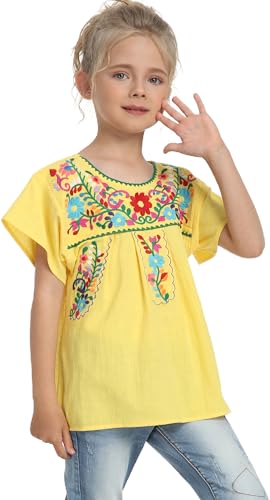 Image of YZXDORWJ Mexican Blouse for Girls Traditional Embroidered Summer Short Sleeve Peasant Blouse for Kids
