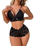 Lilosy Sexy Strappy Harness Women Floral Lace Pajamas Lingerie Set High Waist Sheer Sleepwear See Through Nightwear Bow Ties Cami Shorts Bra and Panty 2 Piece Black Medium