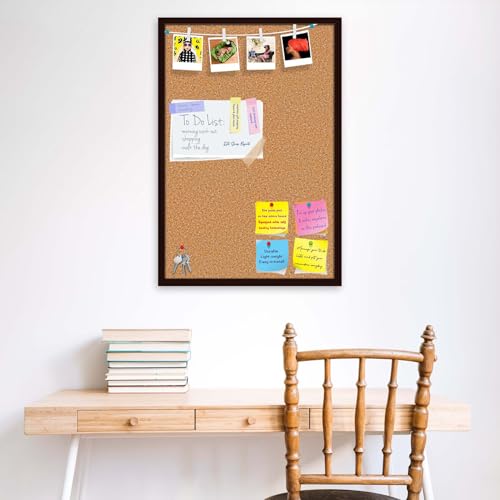 Image of ArtzFolio Cork Board | Bulletin Board Notice Pin Board | Vision Soft Board Combo with Thumb Push Pins & Sticky Notes | Dark Brown Frame | 12 x 18 inch (30 x 46 cms)