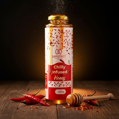 Image of Samsthiti Chilly Infused Honey | Pure Natural Honey with Chilli | Sweet & Spicy Honey | No Added Sugar | For Cooking, Marinades & Healthy Sweetener | 480g