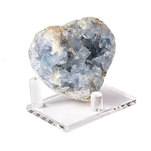 AMOYSTONE Natural Celestite Geode Blue Healing Crystals Heart Celestite Stone Raw Blue Quartz Large Celestite Crystals for Reiki, Home Decor with Plastic Stand 2.8"-3.2"