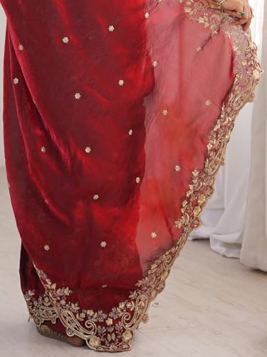 Image of AKHILAM Women's Shimmer Satin Sequence Embroidery Saree With Unstitched Blouse Piece(AARYAN21401 KR Parent)