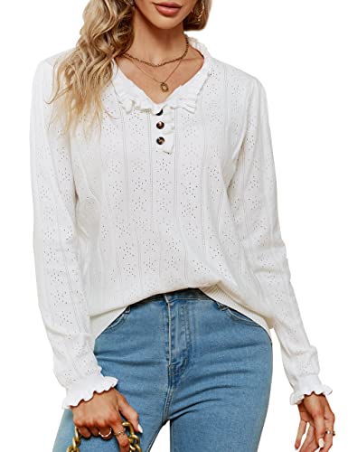 Blooming Jelly Womens Casual Cute Sweaters Ruffle Button Down Long Sleeve Eyelet Fall Pullover Tops(White,M #TOP8
