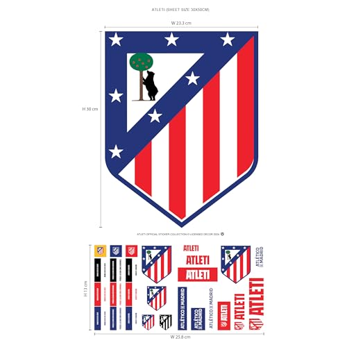Lizenziertes Decor Atlético de Madrid Vinyl-Wandaufkleber – Club-Wappen-Aufkleber-Set, 50 x 30 cm, Gemischt