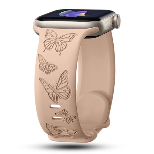 Image of Butterfly Engraved Bands Compatible with Apple Watch Band 41mm 40mm 38mm 49mm 46mm 49mm 46mm 45mm 44mm 42mm Women, Silicone Sport Strap for iWatch Series SE 10 9 8 7 6 5 4 3 2 1 SE Ultra