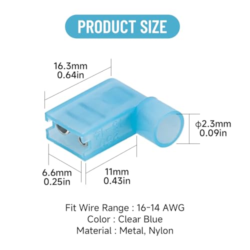Connecteur à angle droit 16-14 AWG bleu et cosses drapeaux à sertir