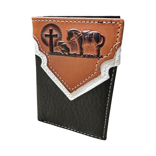 Men’s Leather Tri-Fold Wallet – Embossed Cowboy Praying at Cross – Western Christian Compact Wallet for Cowboys, Ranchers & Faith Gift Ideas