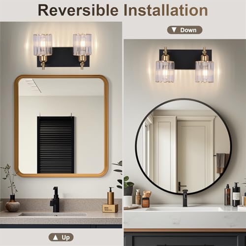 Image of Black and Gold Bathroom Vanity Lights, 2-Light Crystal Bathroom Light Fixtures Over Mirror, 14 Inch Modern Farmhouse Vanity Light, Brass Gold Wall Sconces for Bath Mirror Kitchen Hallway Cabinet