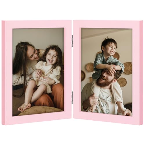 decorUhome Double 5x7 Picture Frame Vertical, Engineered Wood Bifold Photo Frame with Plexiglass for Tabletop Display, 5x7, Pink