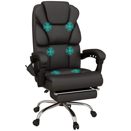 Vinsetto Silla de Oficina con 6 Puntos de Masaje Silla de Escritorio Reclinable de PU con Control Remoto Respaldo Alto Reposapiés y Bolsillo 63x57x118-126 cm Marrón