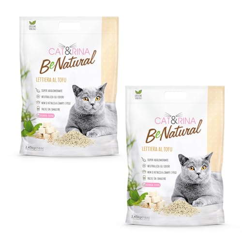 Cat&Rina Tofu Katzenstreu, 5,5 l, pflanzliches klumpendes Katzenstreu, bis zu 30 Tage Nutzung, Entsorgung in organischer oder Toilette, geruchshemmender Sand, klassischer Duft, 2 Stück