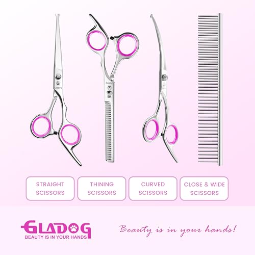 Image of GLADOG Professional 5 in 1 Dog & Cat Grooming Scissors Set with Safety Round Tips, Sharp and Heavy-duty Pet Grooming Shears for Cats (Red)