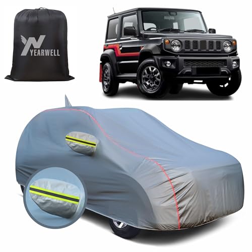 Image of Car Body Cover for Maruti Suzuki Jimny, 100% Waterproof, Heat-Resistant with Mirror & Antenna Pockets, Soft Cotton Lining, Triple Stitched, Green Reflector (Metallic Grey)