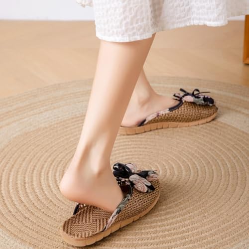Bamboo Slippers Sandals for Women Bow Closed Toe Japanese Slides Summer Indoor Outdoor Boho Comfortable Casual House Slippers4