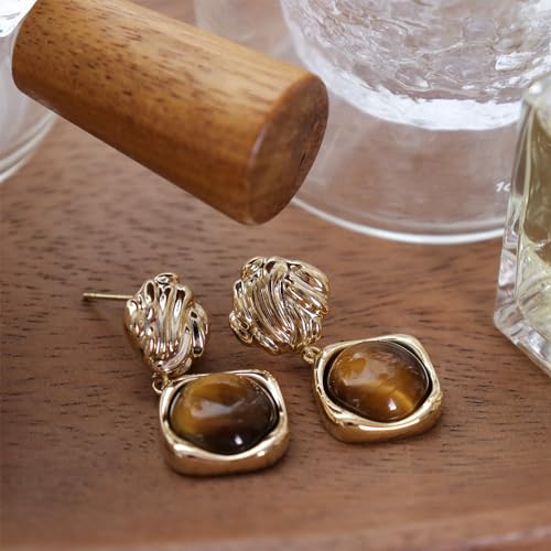 Sonateomber Gold Chunky Tiger Eye Stone Dangle Drop Earrings for Women, Valentine Vintage Statement Brown Natural Gemstone Square Dangling Hypoallergenic Earing Jewelry Gift. by Sonateomber - Used condition - Image 6